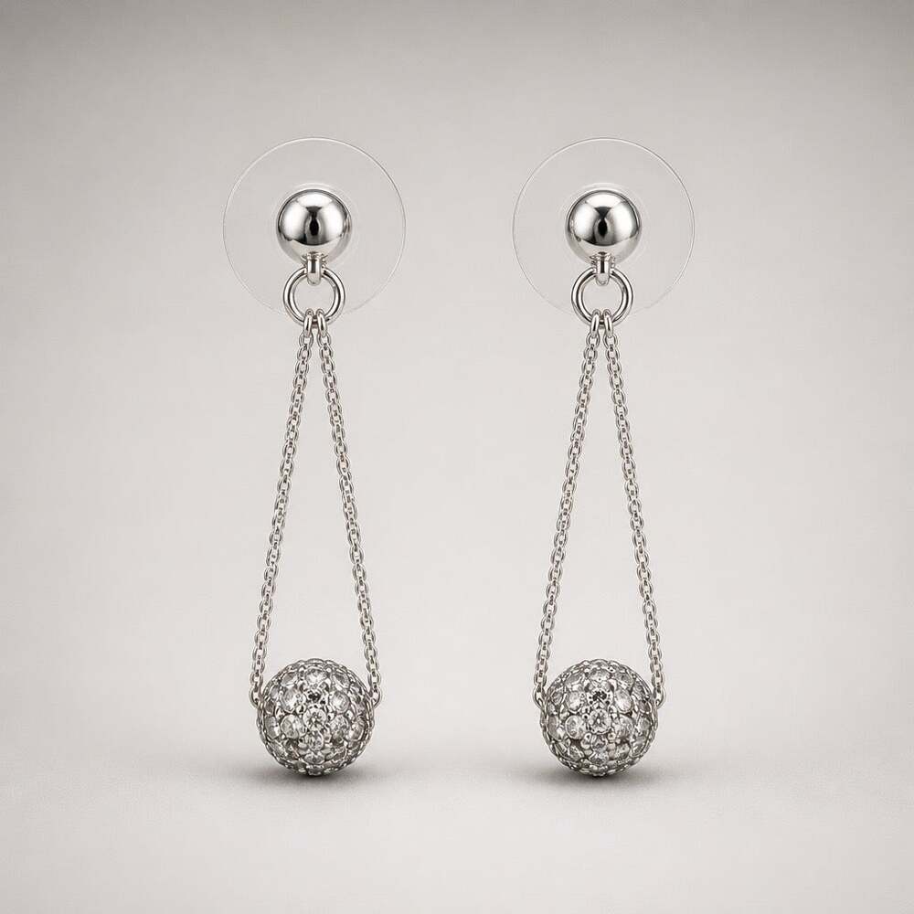 c.1990s Vintage Silvertone Pavé Crystal Disco Ball Drop Earrings